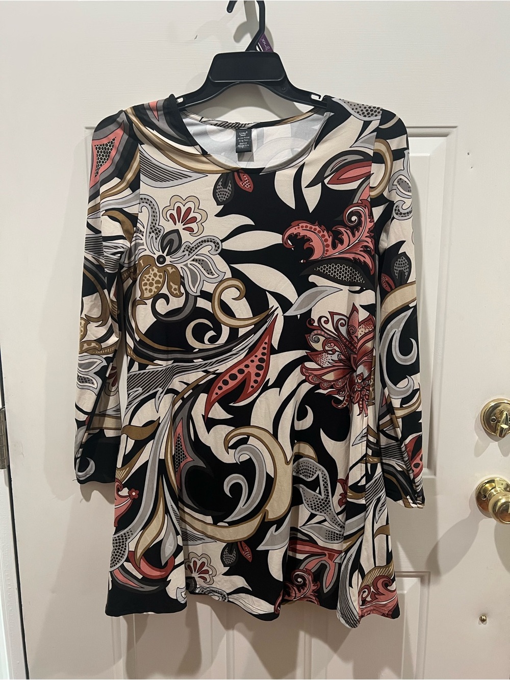Long-Sleeve Floral Scroll Tunic Dress - Black, Cream & Coral Accent